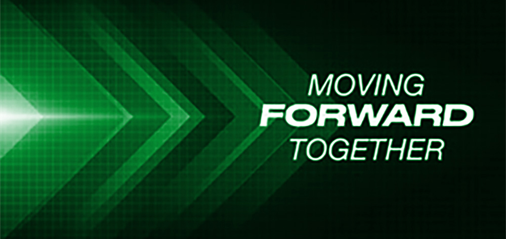 Header graphic with the words Moving Forward and green arrows